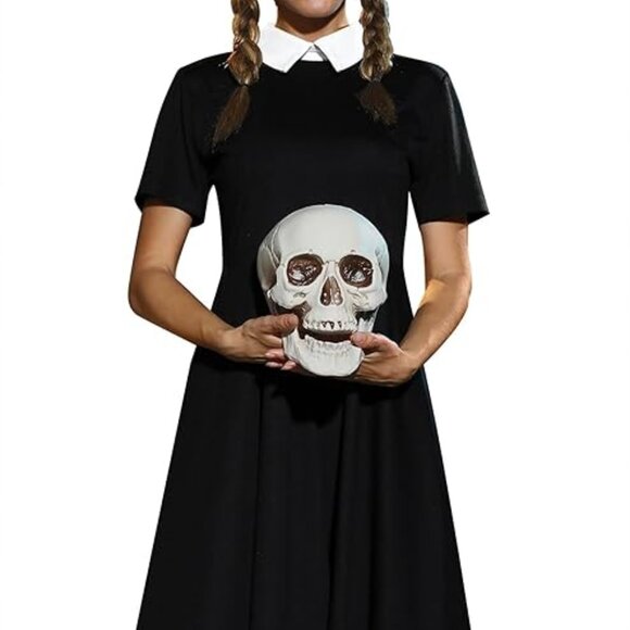 NEW Womens Wednesday Addams Family Halloween Cosplay Costume Black Velvet Dress - Picture 4 of 8